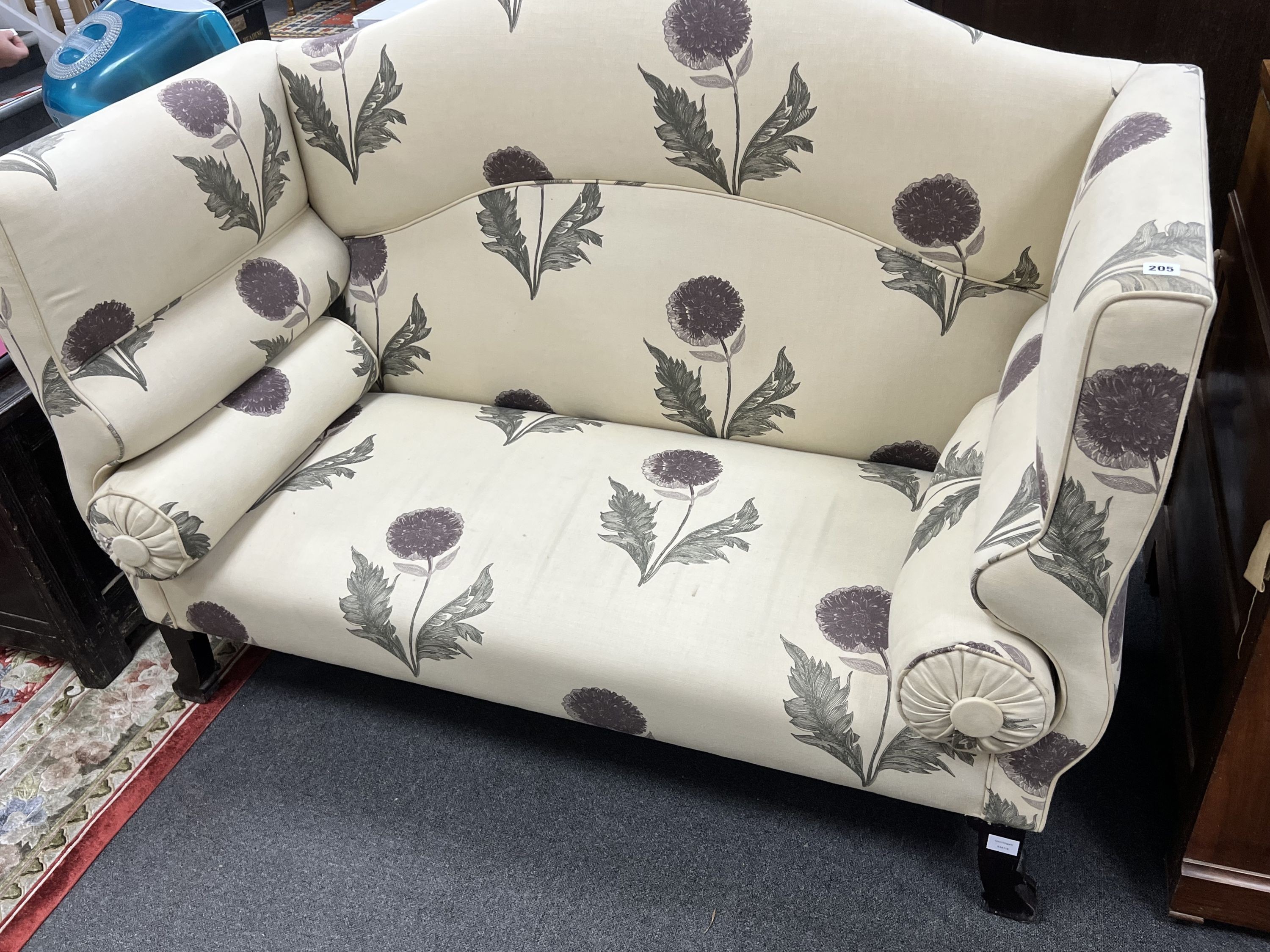 A George Smith high back settee upholstered in floral fabric, width 160cm depth 75cm height 116cm